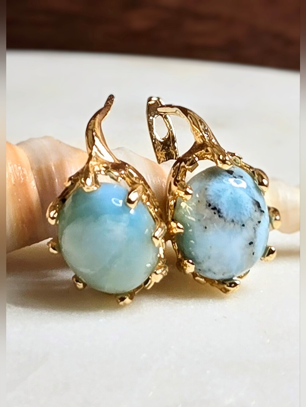 Natural Gorgeous Dominican Larimar In Ornate Basket Gold Plated Earrings